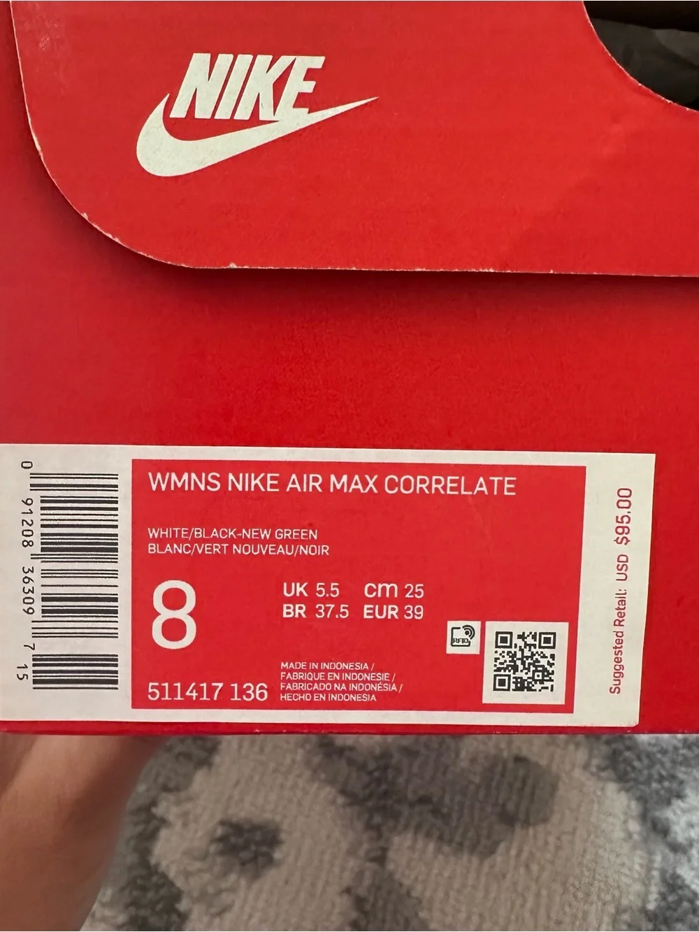 Nike Women’s Size 8 Air Max Correlate White Black New Green Sneakers
